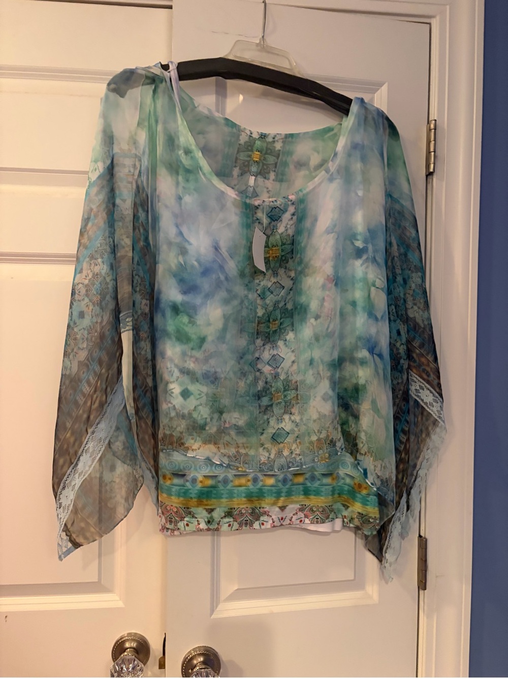 Cato Sheer Blue-Green Watercolor Lace-Trim Tunic